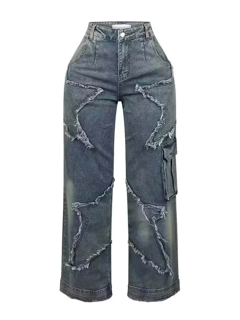 Star Embroidery High-Waist Stretch Jeans