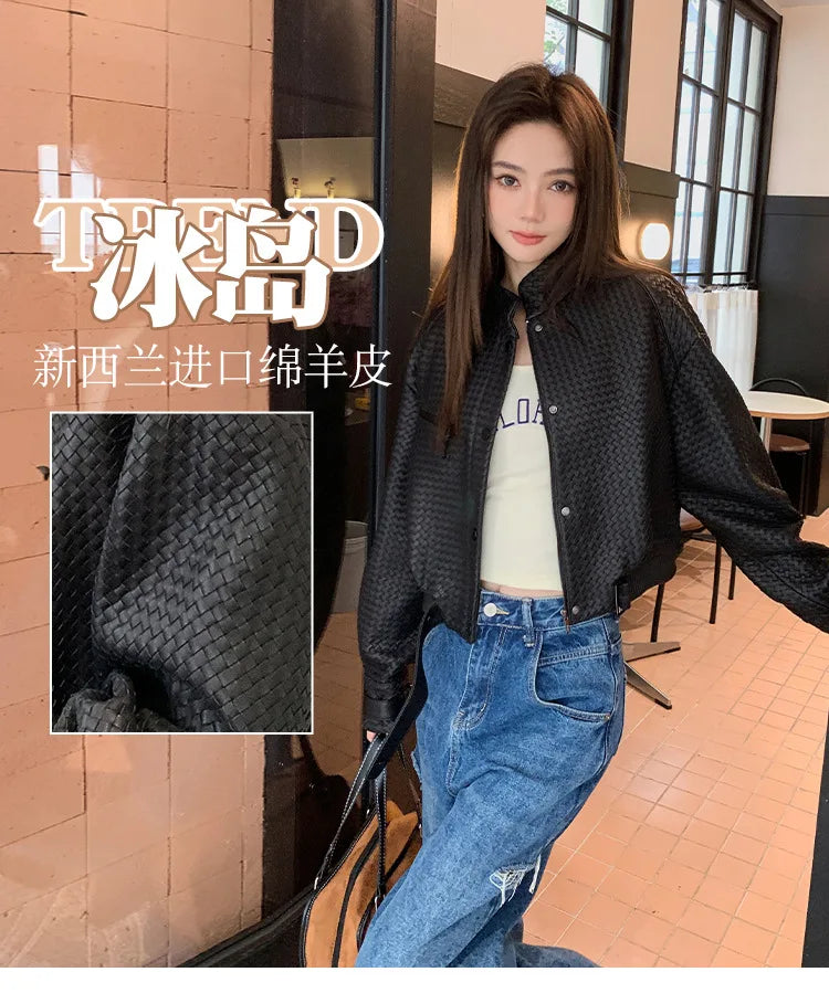 Natural Sheepskin Coat Women Autumn European and American Fashion Short Motorcycle Casual High Quality Hand-Woven Leather Jacket