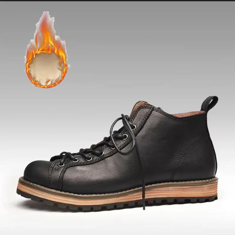 KOWM Hiking shoes men's walking boots British thick soled cowhide high top motorcycle boots ankle sneakers  casual trekking shoe