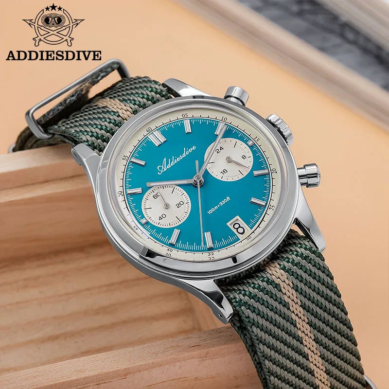 ADDIESDIVE Men's Quartz Chronograph Watch Luminous Bubble Glass 100m Waterproof Nylon Strap Watches For Man AD2095 Fashion Watch
