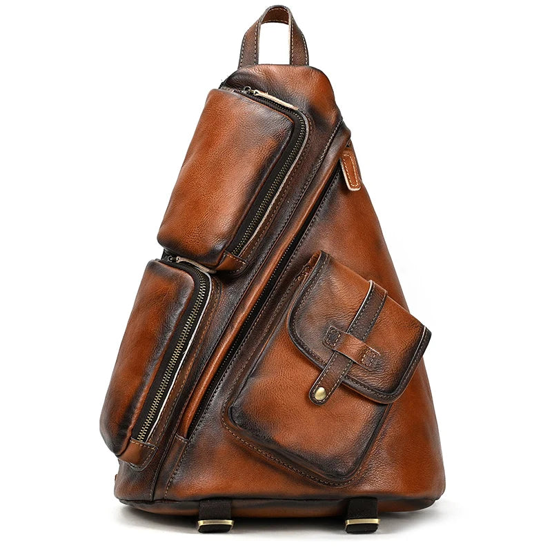 Single Shoulder Bagpack Genuine Leather Chest Bag Outdoor Riding Bag Chest Packs For Biker Men Male Sling Bags Cow Leather