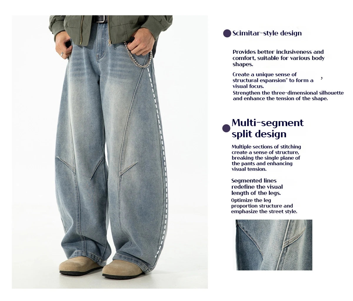 Autumn Retro Structured Split Washed Distressed Curved Jeans with Men's Silhouette Loose Straight Leg Pants Trendy Street Style