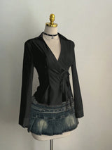 Women's Casual Side Strap Slim Fit Long Sleeve Shirt Sexy V-Neck Pleating Top Spring/Fall 2026