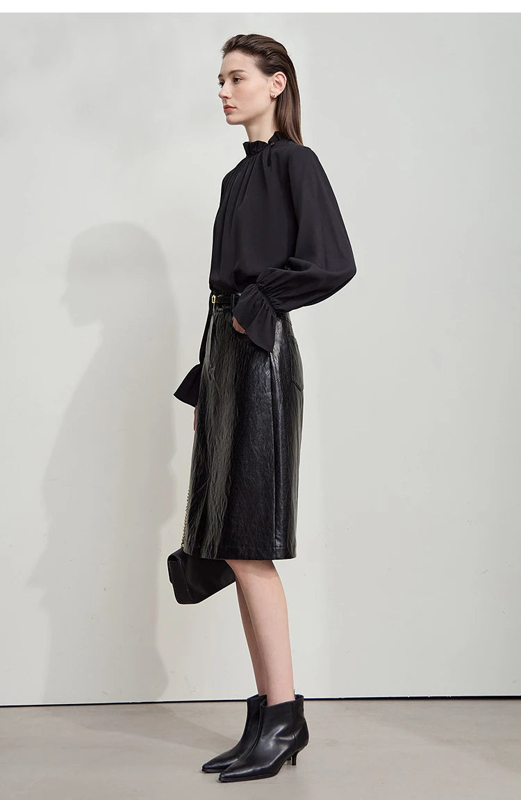 AMII Minimalist PU Leather Skirt for Women