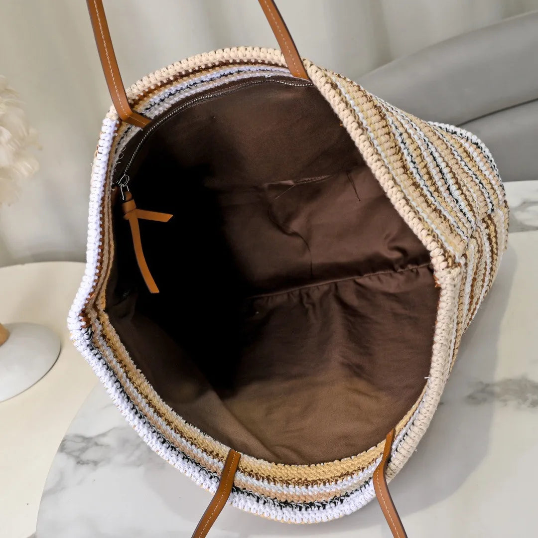 UOSU Woven Straw Tote — Large Contrast Stripe Beach Bag