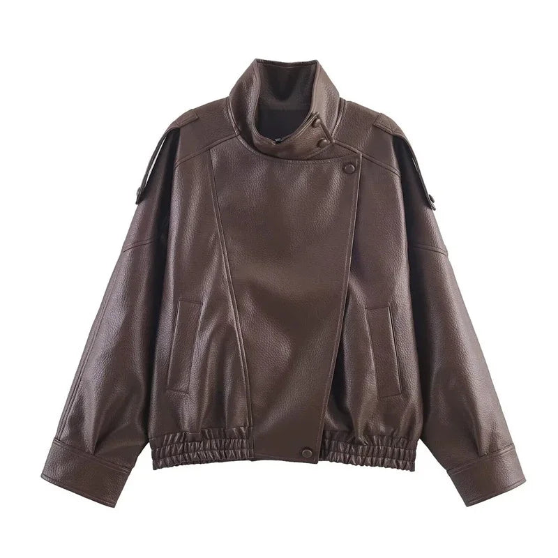 2026 Autumn Women's Faux Leather Jacket Brown Black Long Sleeve Stand Collar Thick Loose Lady Coat Fashion Motorcycle Streetwear