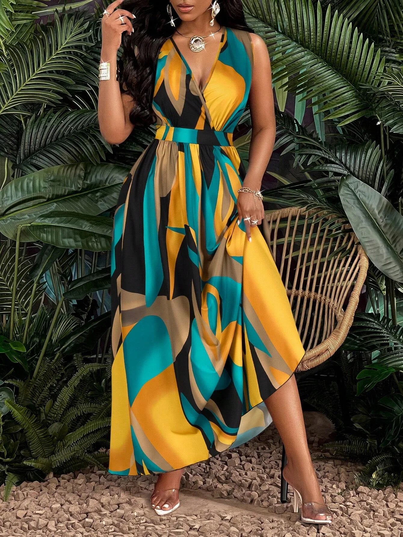 Abstract Print Sleeveless V-Neck Maxi Dress