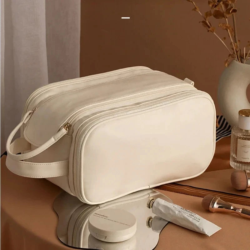 Multifunctional Makeup Bag For Women PU Leather Large Capacity Portable Double Zipper Travel Makeup Brush Toiletries Storage Bag
