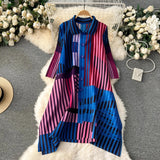 Miyake Pleated Drape Dress – Colorblock Print, 3/4 Sleeve