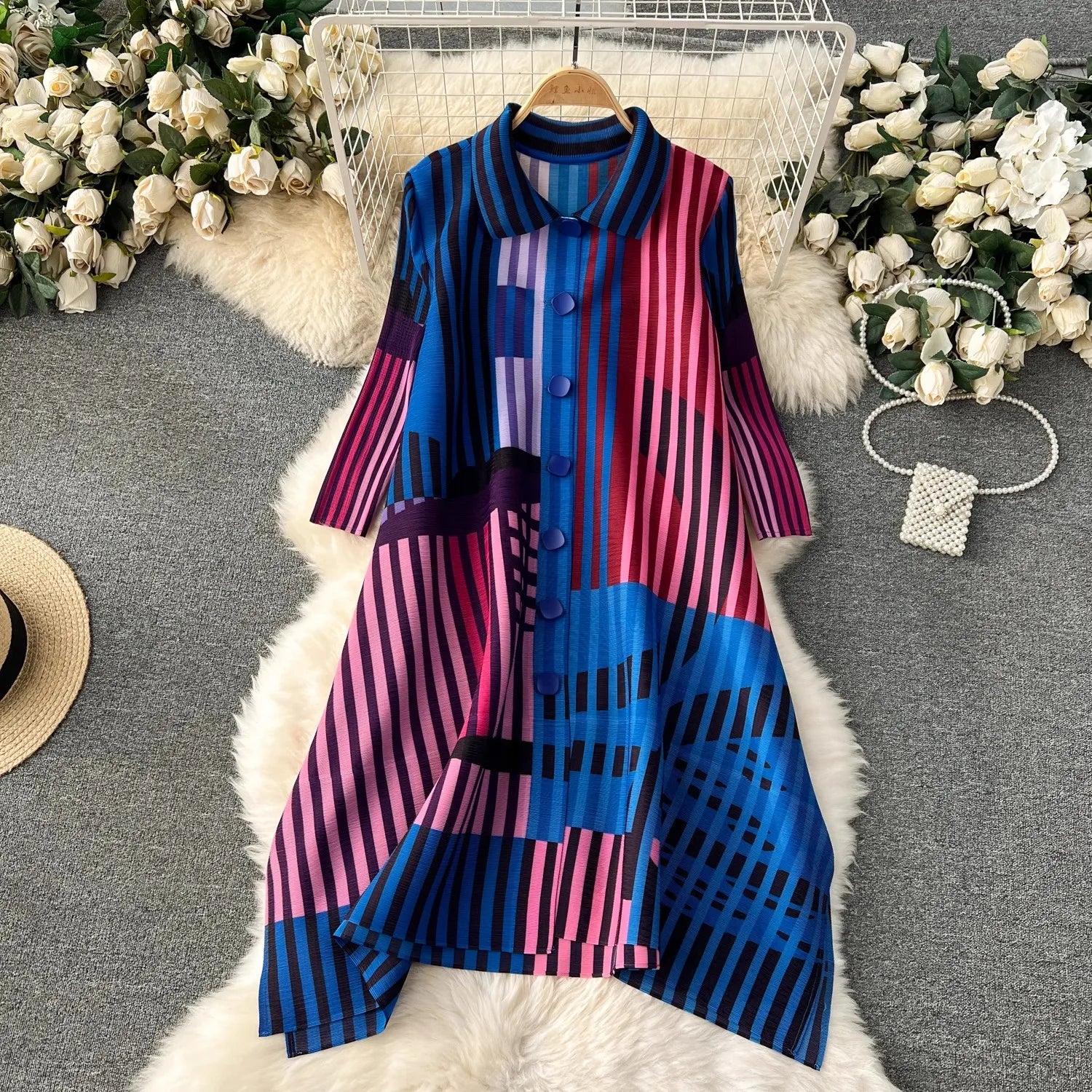 Miyake Pleated Drape Dress – Colorblock Print, 3/4 Sleeve