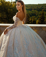 Customized Ball Gowns Beaded Appliques Sequins Off Shoulder Wedding Dress  Long Sleeve Pleat Sweep Train Bridal Dresses