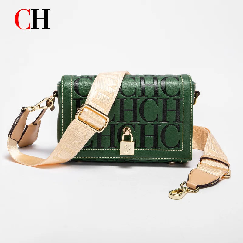 CH Crossbody Bag For Women Luxury Monogram Leather Handbag Fashion Wide Strap Shoulder Bag Elegant Lock Flap Bag For Daily Use