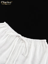 Clacive Casual Loose White 2 Piece Sets Women Outfit 2025 Elegant Long Sleeve Robes With Mid Waist Shorts Set Female Clothing