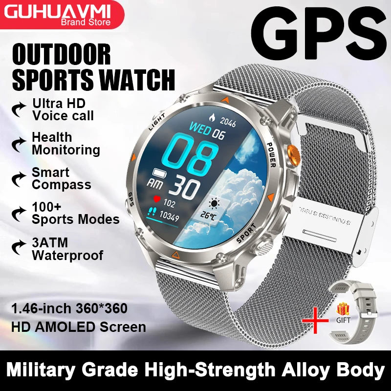 2026 New Military Bluetooth Call Smart Watch Built-in GPS Compass Barometric Altimeter 10ATM Waterproof Sports Smartwatches Men