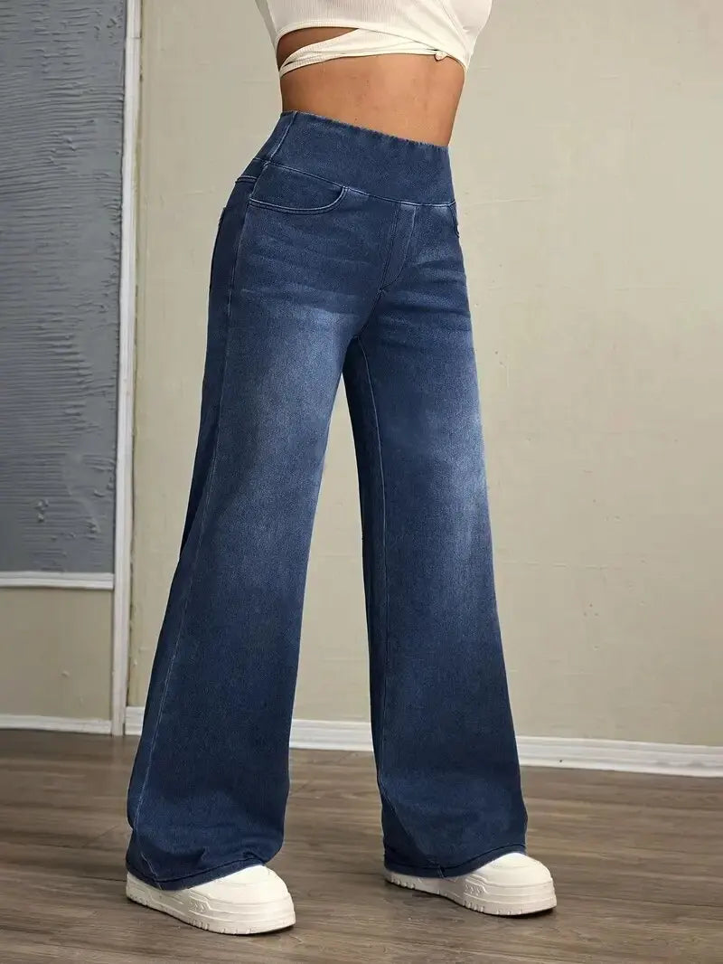 Women's Jeans New Elastic Waist High Stretch Loose Straight-Leg Pants Trendy Comfortable Versatile Cross-Border