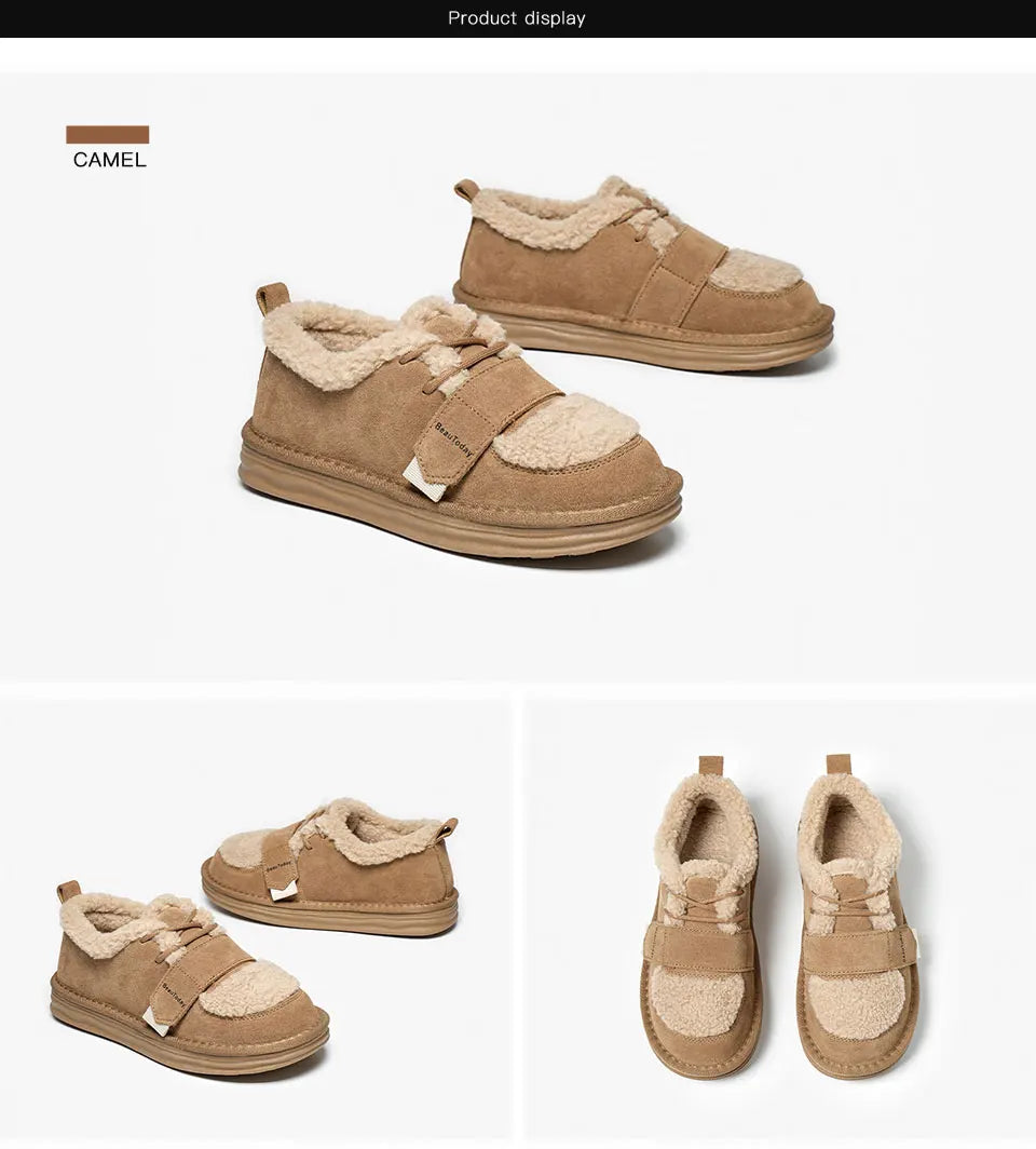 BeauToday Furry Flats Women | Cow Suede Warm Shoes