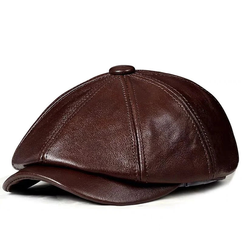 Genuine Leather Octagonal Beret Cap | Men's Cowhide Hat