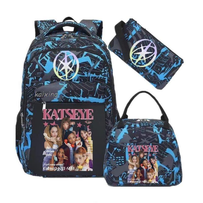 Hot Katseye Funny Print Backpacks WIth Lunch Bags Multi-pocket Camouflage Teens Travel Laptop Backpack Women School Bag Mochila