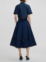TWOTWINSTYLE Solid Two Piece Sets For Women Lapel Short Sleeve Tops High Waist A Line Skirt Slimming Sets Female Fashion Style