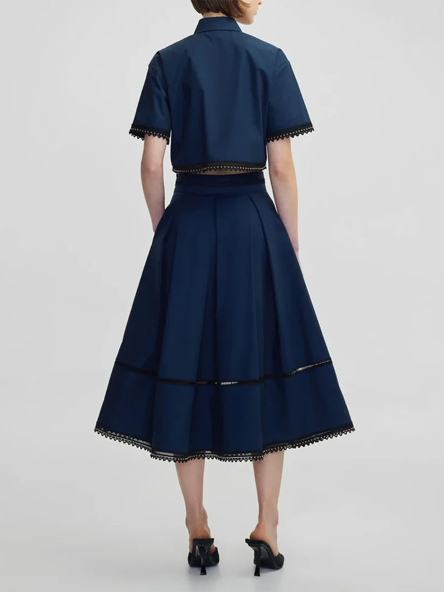 TWOTWINSTYLE Solid Two Piece Sets For Women Lapel Short Sleeve Tops High Waist A Line Skirt Slimming Sets Female Fashion Style