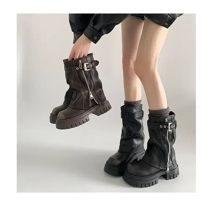 Women's Biker Boots – Belt Buckle Platform Mid-Calf