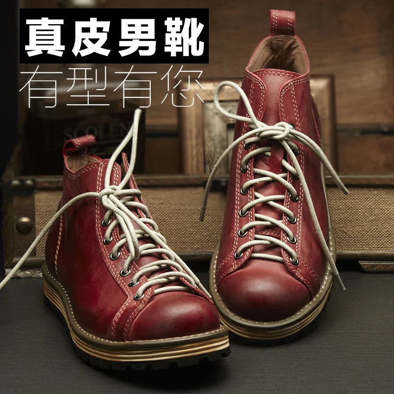 KOWM Hiking shoes men's walking boots British thick soled cowhide high top motorcycle boots ankle sneakers  casual trekking shoe