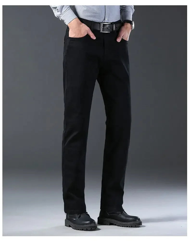 High Quality Autumn Winter Solid Color Black Men's Jeans Classic Stretch Denim Pants Work Business Cotton Trousers Plus Size 40