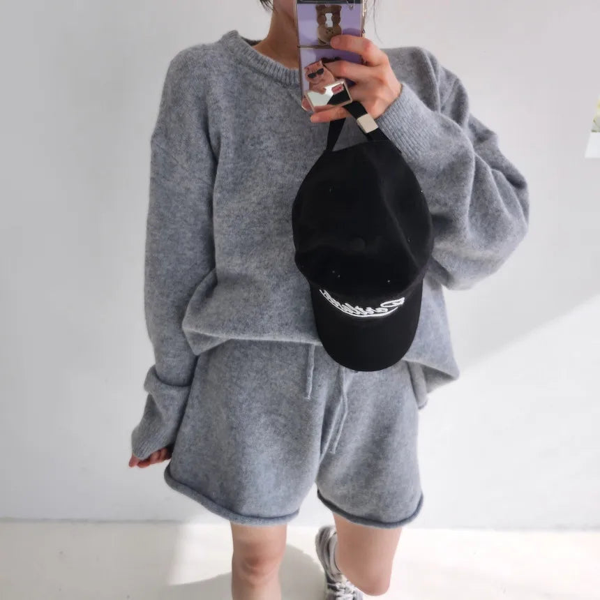 Korean Style Sweater Two 2 Piece Set Women Vintage Autumn Winter Pullover Knitted Tops + Casual Shorts 2 Piece Outfits Female