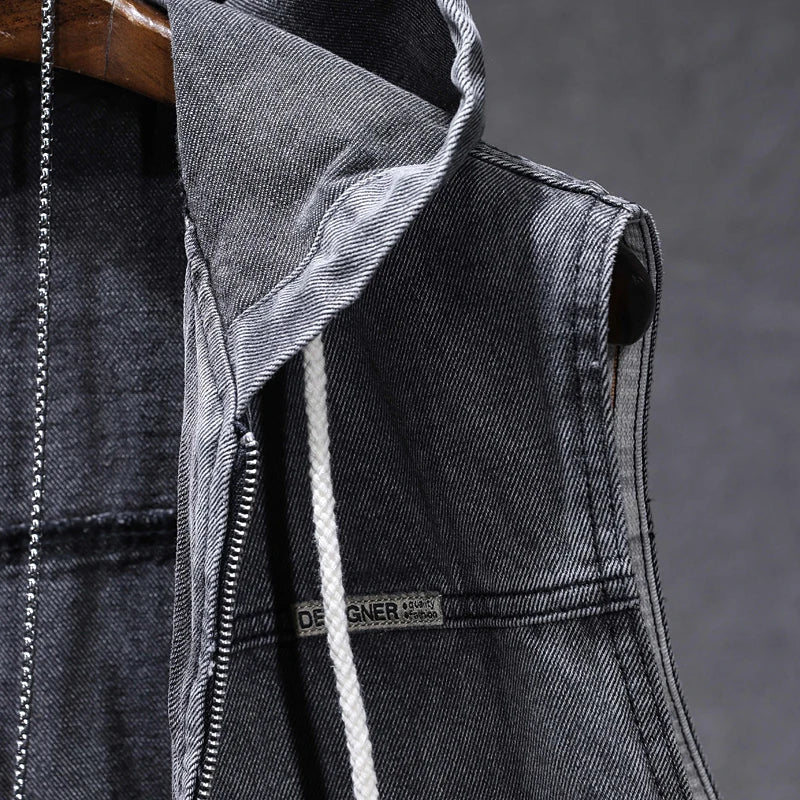 New Men's Loose Workwear Denim Vest with Hood Sleeveless Everyday Versatile Shoulder Pad Jacket Casual Unisex Outerwear