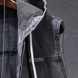 New Men's Loose Workwear Denim Vest with Hood Sleeveless Everyday Versatile Shoulder Pad Jacket Casual Unisex Outerwear