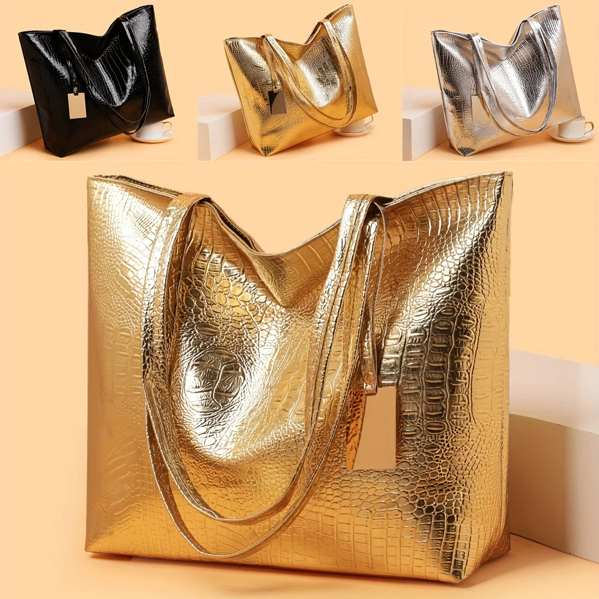 Women's Metallic PU Leather Tote Bag with Zipper