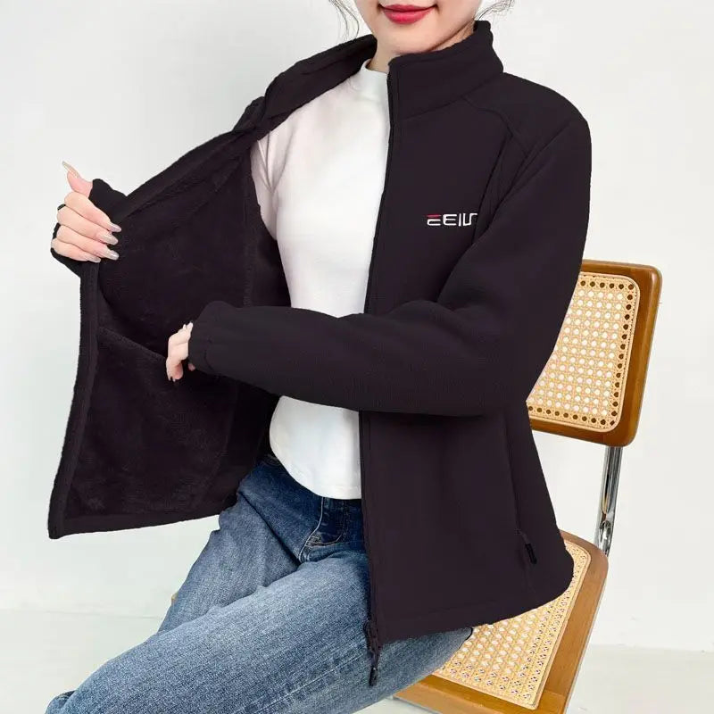 Women's Fleece Zip-Up Jacket with Embroidered Stand Collar