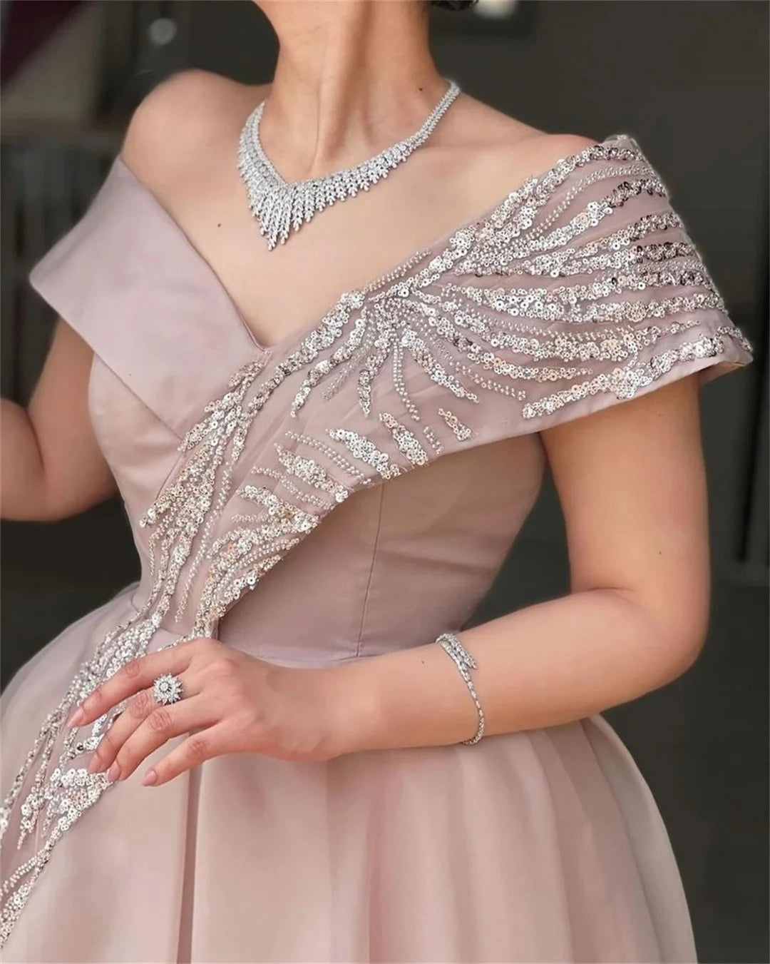 One-Shoulder Sequined Midi Evening Gown
