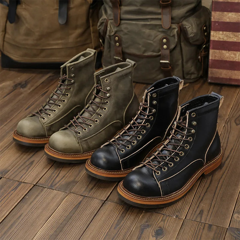KOWM Hiking shoes men's walking boots British thick soled cowhide high top motorcycle boots ankle sneakers  casual trekking shoe