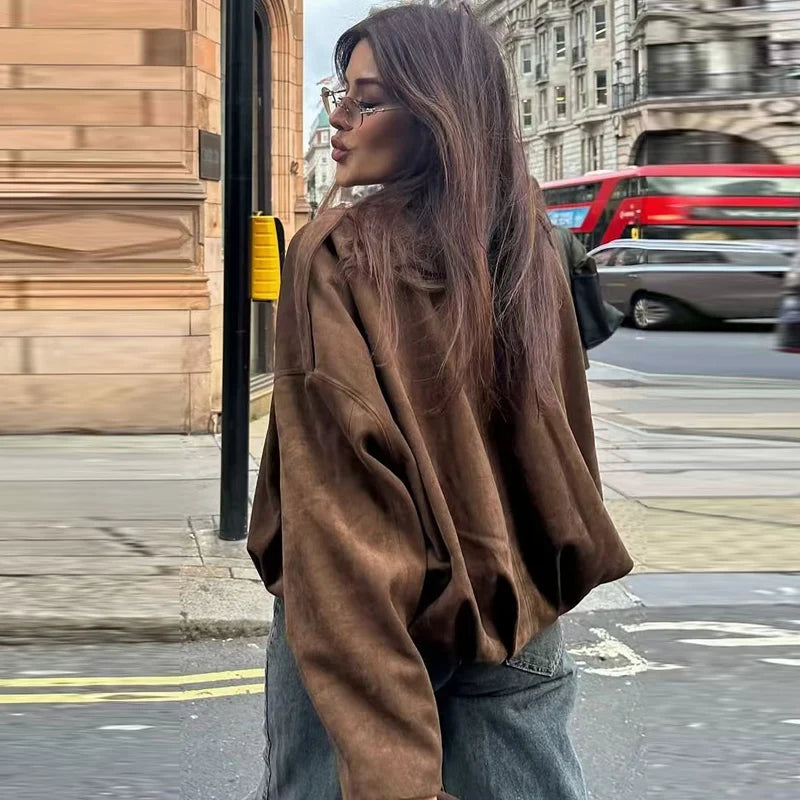 HXAO Suede Cropped Jacket Women's Bomber Jacket Oversized Batwing Sleeves Outerwears Lady Casual Loose Coat Street Style Jackets