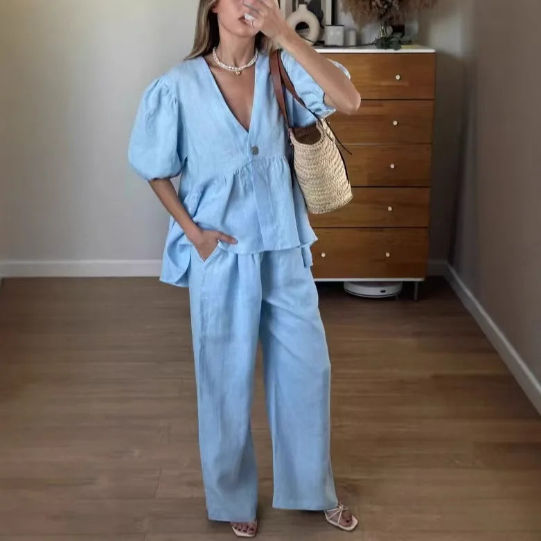 2025 New Women Solid Color V-Neck Bubble Short-Sleeved Trousers Suit Summer Women Short T-Shirt Top + Long Pants Two Peice Sets