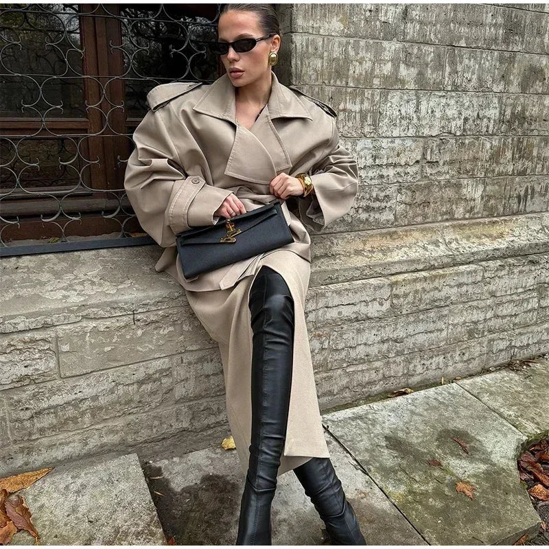 Solid Lapel Double-Breasted Trench Coat – Autumn 2025 High Waist Windbreaker