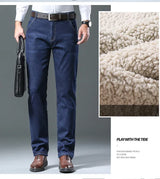 Winter Men's Fleece Thick Sherpa Jeans Business Casual Velvet Straight Denim Pants Male Wool Plush Classic Stretch Trousers