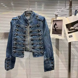 DEAT 2025 Autumn New Fashion Metal Buckle Design Shoulder Strap Denim Short Jacket For Women High Street Coat Female 11A06995