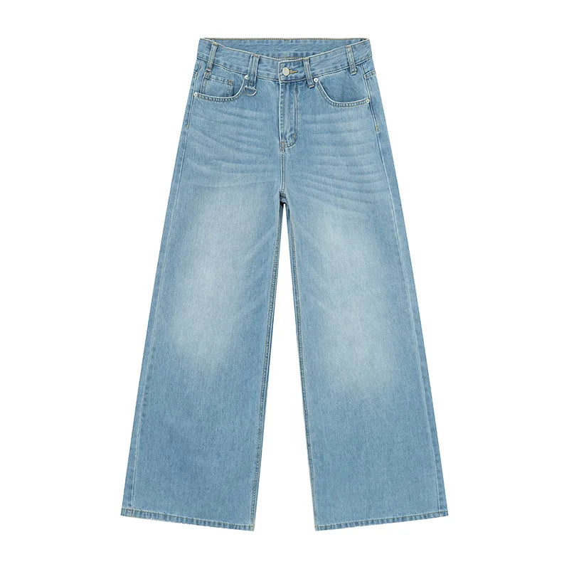 Men's Washed Blue Loose Straight-Leg Jeans