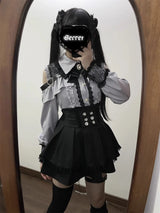 Women‘s Lolita Set Dark Femme Mesh Top & Waist Cinching Skirt, 2025 Autumn Japanese Street Style Coord for Gothic Baddie Fashion