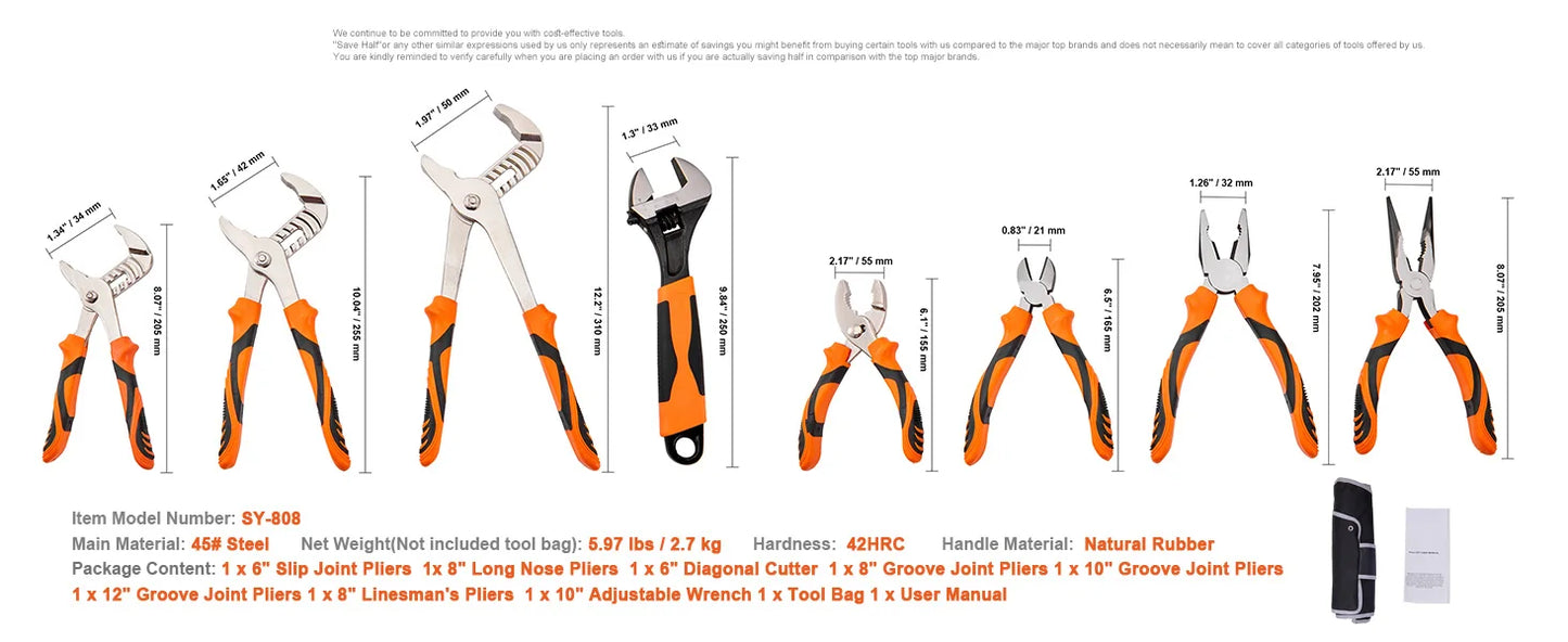 SucceBuy 8-Piece Pliers Set 8" Linesman's Pliers 6" Slip Joint Pliers Long Nose Pliers 6" Diagonal Cutter 10" Adjustable Wrench