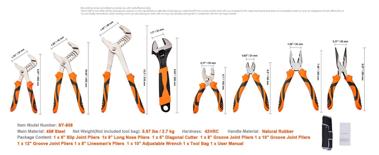 SucceBuy 8-Piece Pliers Set 8" Linesman's Pliers 6" Slip Joint Pliers Long Nose Pliers 6" Diagonal Cutter 10" Adjustable Wrench