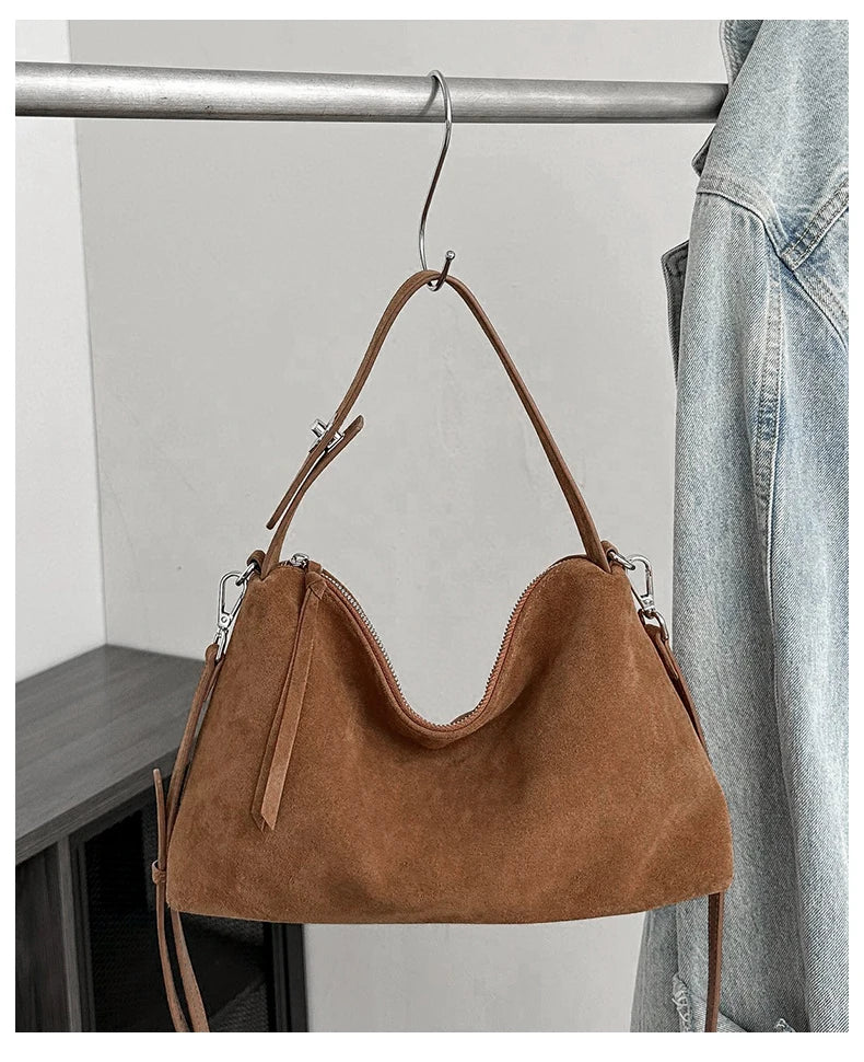 Russian Women's Genuine Suede Cowhide Leather Shoulder Bag Retro Frosted Cow Large Capacity Versatile Commuting Luxury Designer