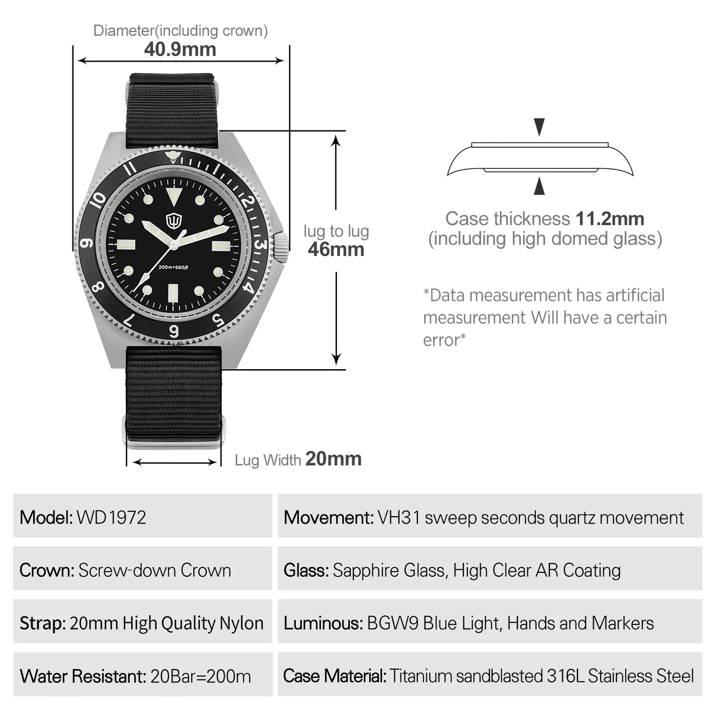 Watchdives WD1972 Quartz Watch VH31 Sweep Seconds Movement Sapphire Crystal BGW9 Luminous 20Bar Waterproof Wristwatch