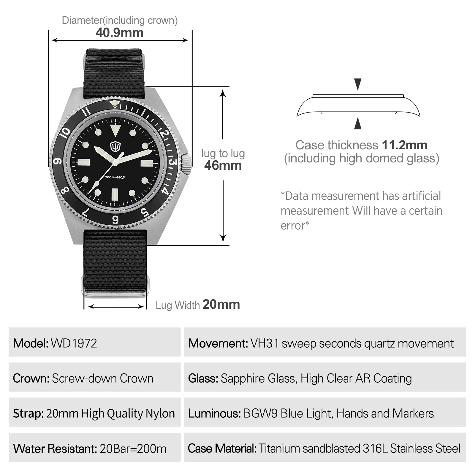 Watchdives WD1972 Quartz Watch VH31 Sweep Seconds Movement Sapphire Crystal BGW9 Luminous 20Bar Waterproof Wristwatch