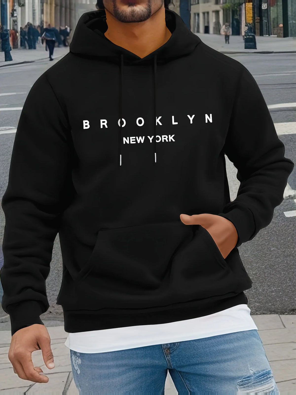 Men's Autumn and Winter Casual Fashionable Loose Brooklyn Classic Letter Printed Long-Sleeved Warm Hooded Pullover