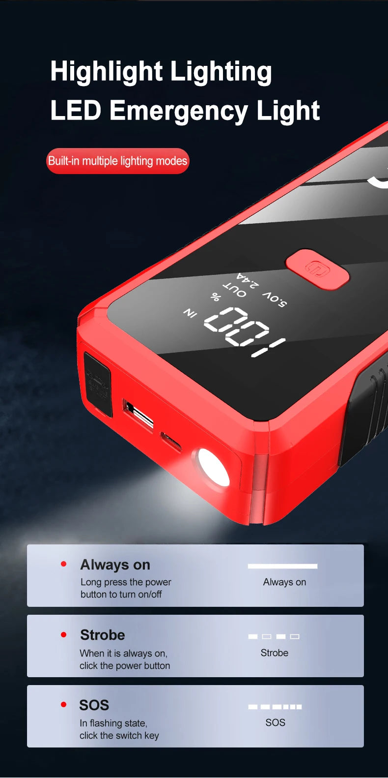 EAFC 12V  Car Jump Starter Power Bank Portable Car Battery Booster ChargerStarting Device Auto Emergency Start-up Lighting