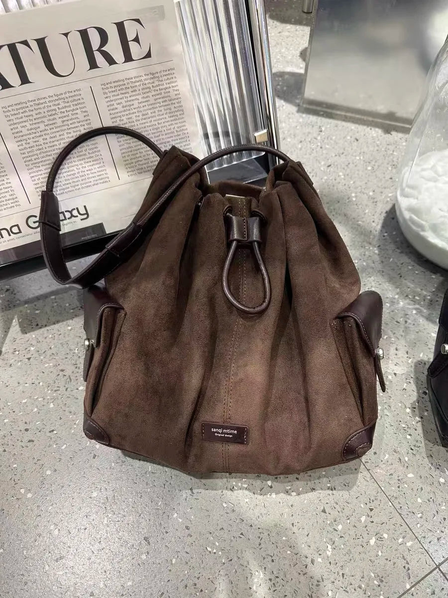 European And American Frosted Suede Bucket Type Backpack Retro Large Capacity Portable Single Shoulder Diagonal Cross Bag Trendy