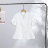 2026 Spring Summer Short Puff Sleeve Frog Button Shirt For Women Stand Collar  Single Breasted Blouse Lady Chic Street Party Top